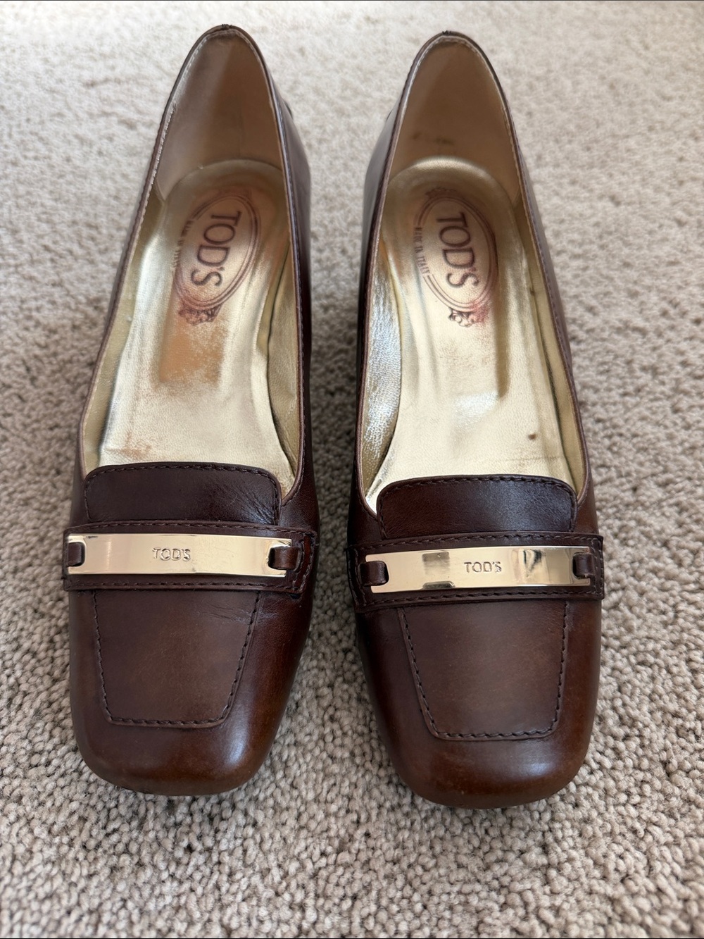 TOD'S Brown Leather Loafers with Block Heel